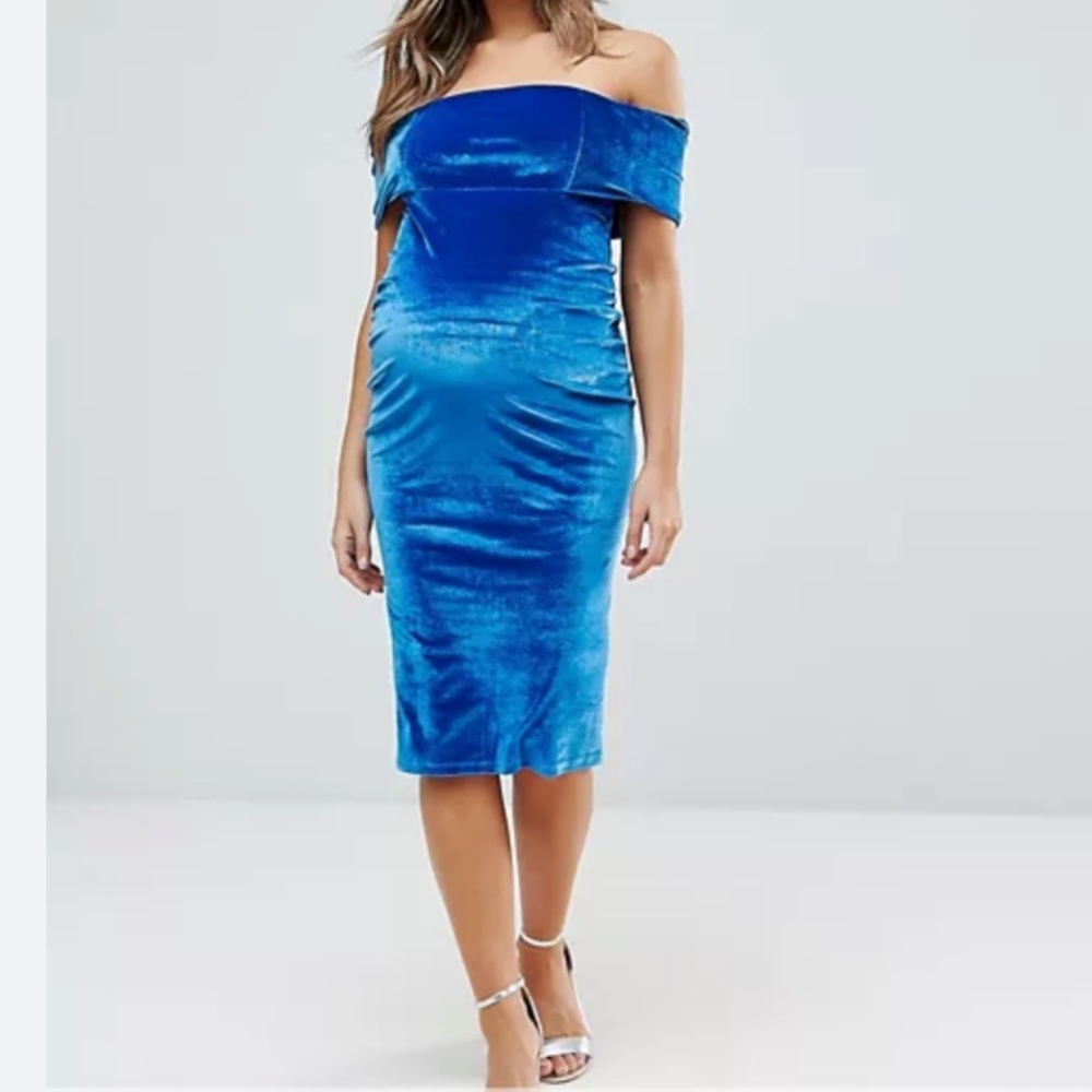 ASOS Maternity Deep Off The Shoulder Bardot Midi Bodycon Dress in Velvet